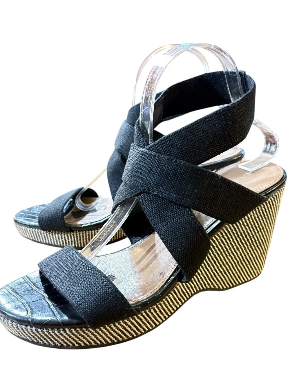 Donald J. Pliner Black Crisscross Fabric Wedge Sandals sz 9.5